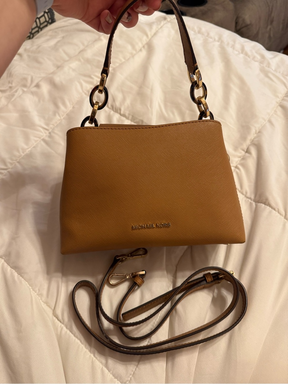 Michael Kors Camel/Tan Saffiano Leather Crossbody Bag with Gold Hardware